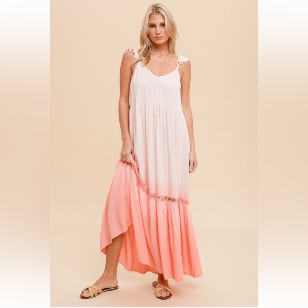 862. Hem & Thread Dip Dyed Ruffled Cami Maxi Dress Pink & White New Item NWT